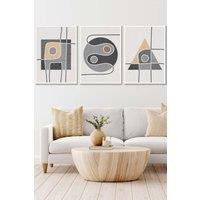 ARTZE Set of 3 White Framed Mid Century Graphical Shapes in Grey & Yellow Wall Art | Size: W33 cm x H45 cm x D20mm