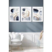 ARTZE Set of 3 White Framed Abstract Navy Blue & Gold Watercolour Shapes Wall Art | Size: W33 cm x H45 cm x D20mm