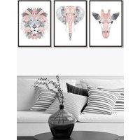 ARTZE Geometric Pink Grey Jungle Animal Heads Framed Wall Art - Medium in Black | Size: W45 cm x H62 cm x D20mm