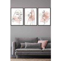 ARTZE Set of 3 Black Framed One Line Abstract Fashion Faces in Pink & Ivory Wall Art in Light Pink | Size: W53 cm x H73 cm x D20mm