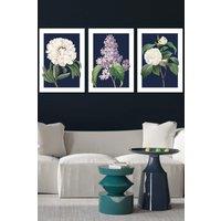 ARTZE Set of 3 White Framed Vintage Flowers Lilac, Peony & Camellia on Navy Blue Wall Art | Size: W33 cm x H45 cm x D20mm