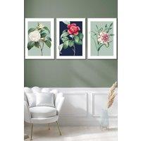 ARTZE Set of 3 White Framed Vintage Flowers Camellia Blue & Green Wall Art in Navy | Size: W33 cm x H45 cm x D20mm