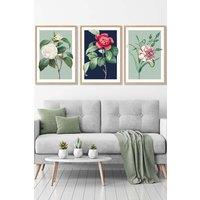 ARTZE Set of 3 Oak Framed Vintage Flowers Camellia Blue & Green Wall Art in Navy | Size: W33 cm x H45 cm x D20mm