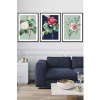ARTZE Set of 3 Black Framed Vintage Flowers Camellia Blue & Green Wall Art in Navy | Size: W45 cm x H62 cm x D20mm
