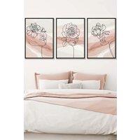 ARTZE Set of 3 Black Framed Female Line Art Floral Faces on Pink & Ivory Wall Art in Light Pink | Size: W45 cm x H62 cm x D20mm