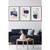 ARTZE Set of 3 Black Framed Line Art Spring Flowers on Navy Pink Boho Shapes Wall Art | Size: W33 cm x H45 cm x D20mm