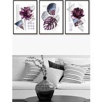 ARTZE Set of 3 Black Framed Abstract Purple & Silver Botanical Wall Art | Size: W53 cm x H73 cm x D20mm