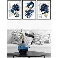 ARTZE Set of 3 Black Framed Abstract Blue & Gold Botanical Wall Art in Navy | Size: W45 cm x H62 cm x D20mm