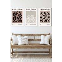 ARTZE Set of 3 White Framed Matisse Style Floral Cut Out Brown & Black Wall Art in Chocolate | Size: W45 cm x H62 cm x D20mm