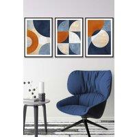 ARTZE Geometric Abstract Textured Circles in Navy Blue Orange Gold Framed Wall Art - Medium in Black | Size: W45 cm x H62 cm x D20mm