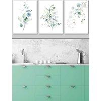 ARTZE Set of 3 White Framed Green Blue Watercolour Eucalyptus Set 3 Wall Art in Light Green | Size: W33 cm x H45 cm x D20mm