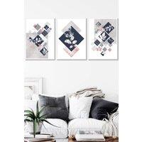 ARTZE Set of 3 White Framed Graphical Abstract Floral Blue Grey Wall Art in Navy | Size: W33 cm x H45 cm x D20mm