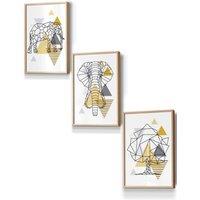 ARTZE Geometric Line Art Yellow Elephant Tree Set Framed Wall Art - Small in Light Oak | Size: W33 cm x H45 cm x D20mm