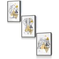 ARTZE Geometric Line Art Yellow Elephant Tree Set Framed Wall Art - Small in Dark Grey | Size: W33 cm x H45 cm x D20mm