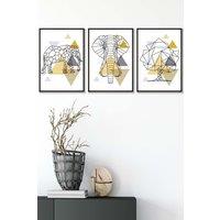 ARTZE Geometric Line Art Yellow Elephant Tree Set Framed Wall Art - Medium in Black | Size: W45 cm x H62 cm x D20mm