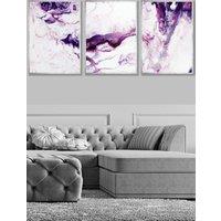 ARTZE Set of 3 Silver Framed Purple Pink Abstract Ocean Waves Wall Art | Size: W33 cm x H45 cm x D20mm