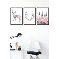ARTZE Geometric Blush Pink Grey Stags Set Framed Wall Art - Medium in Black | Size: W45 cm x H62 cm x D20mm