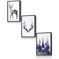 ARTZE Geometric Navy Blue Grey Stags Set Framed Wall Art - Small in Black | Size: W33 cm x H45 cm x D20mm