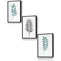 ARTZE Graphical Blue Grey Leaves Framed Wall Art - Small in Black | Size: W33 cm x H45 cm x D20mm