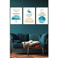 ARTZE Yellow & Aqua Blue Abstract Mid Century Geometric Framed Wall Art - Large in White | Size: W53 cm x H73 cm x D20mm