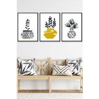 ARTZE Scandi Yellow Grey Cactus Pots Framed Wall Art - Medium in Black | Size: W45 cm x H62 cm x D20mm