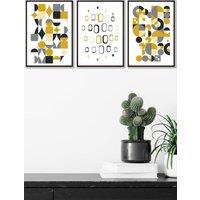 ARTZE Mid Century Graphical Grey Yellow Framed Wall Art - Medium in Black | Size: W45 cm x H62 cm x D20mm