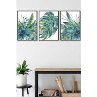 ARTZE Framed Blue Green Watercolour Tropical Leaves Framed Wall Art - Medium in Black | Size: W45 cm x H62 cm x D20mm