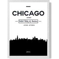 ARTZE Chicago Black & White City Skyline Framed Print SIZE: A2 with White Frame | Size: A3