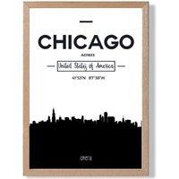 ARTZE Chicago Black & White City Skyline Framed Print SIZE: A2 with Oak Frame | Size: A3