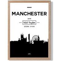 ARTZE Manchester Black & White City Skyline Framed Print SIZE: A3 with Oak Frame | Size: A4