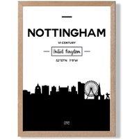 ARTZE Nottingham Black & White City Skyline Framed Print SIZE: A4 with Oak Frame | Size: A3