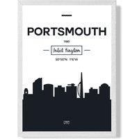 ARTZE Portsmouth Black & White City Skyline Framed Print SIZE: A4 with White Frame