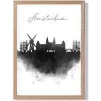 ARTZE Amsterdam Watercolour Skyline City Framed Print SIZE: A4 with Oak Frame in Black | Size: A3
