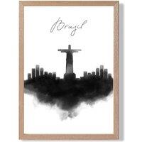 ARTZE Brazil Watercolour Skyline City Framed Print SIZE: A2 with Oak Frame in Black | Size: A4