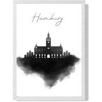 ARTZE Hamburg Watercolour Skyline City Framed Print SIZE: A4 with White Frame in Black | Size: A3