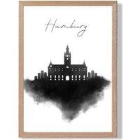 ARTZE Hamburg Watercolour Skyline City Framed Print SIZE: A3 with Oak Frame in Black