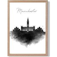 ARTZE Manchester Watercolour Skyline City Framed Print SIZE: A2 with Oak Frame in Black | Size: A3