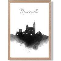 ARTZE Marseille Watercolour Skyline City Framed Print SIZE: A4 with Oak Frame in Black | Size: A3