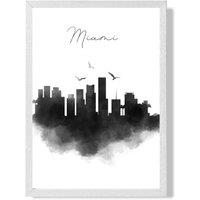 ARTZE Miami Watercolour Skyline City Framed Print SIZE: A4 with White Frame in Black | Size: A3