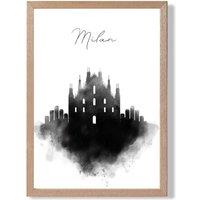 ARTZE Milan Watercolour Skyline City Framed Print SIZE: A4 with Oak Frame in Black | Size: A3