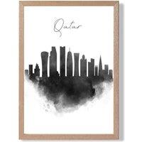 ARTZE Qatar Watercolour Skyline City Framed Print SIZE: A2 with Oak Frame in Black | Size: A3