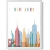 ARTZE New York Colourful City Skyline Framed Print SIZE: A4 with White Frame in Pale Blue | Size: A3