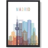 ARTZE Madrid Colourful City Skyline Framed Print SIZE: A4 with Black Frame in Pale Blue | Size: A3