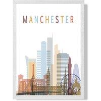 ARTZE Manchester Colourful City Skyline Framed Print SIZE: A4 with White Frame in Pale Blue