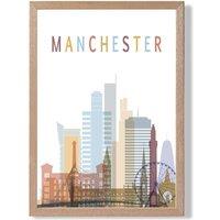 ARTZE Manchester Colourful City Skyline Framed Print SIZE: A2 with Oak Frame in Pale Blue | Size: A3