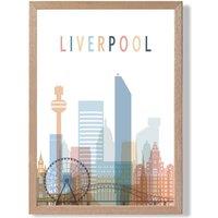 ARTZE Liverpool Colourful City Skyline Framed Print SIZE: A3 with Oak Frame in Pale Blue