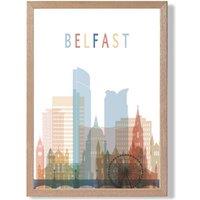 ARTZE Belfast Colourful City Skyline Framed Print SIZE: A3 with Oak Frame in Pale Blue