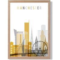 ARTZE Manchester Yellow & Grey City Skyline Framed Print SIZE: A2 with Oak Frame | Size: A4