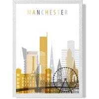ARTZE Manchester Yellow & Grey City Skyline Framed Print SIZE: A2 with White Frame | Size: A3