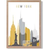 ARTZE New York Yellow & Grey City Skyline Framed Print SIZE: A2 with Oak Frame | Size: A4